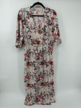 Kori Floral Maxi Dress in Red and Cream V-Neck High Wrap Slit
